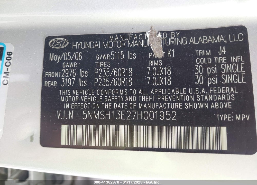 2007 HYUNDAI SANTA FE LIMITED/SE VIN: 5NMSH13E27H001952