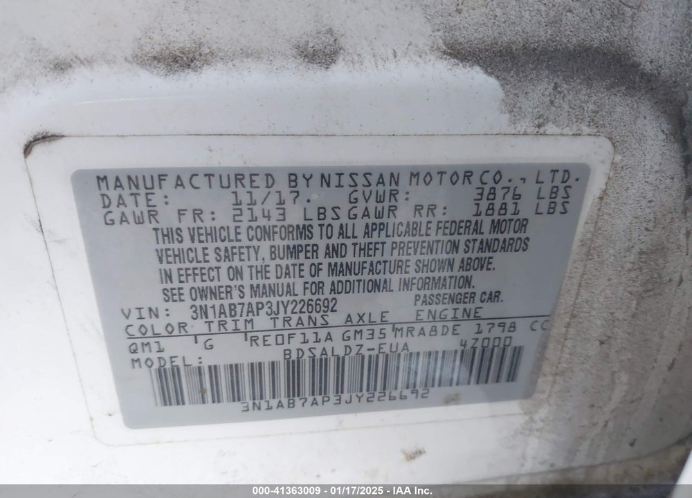 2018 NISSAN SENTRA VIN: 3N1AB7AP3JY226692