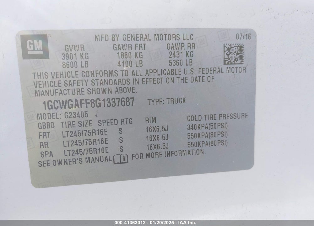 2016 CHEVROLET EXPRESS 2500 WORK VAN VIN: 1GCWGAFF8G1337687