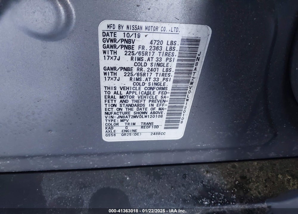 2020 NISSAN ROGUE SV INTELLIGENT AWD VIN: JN8AT2MV0LW120108