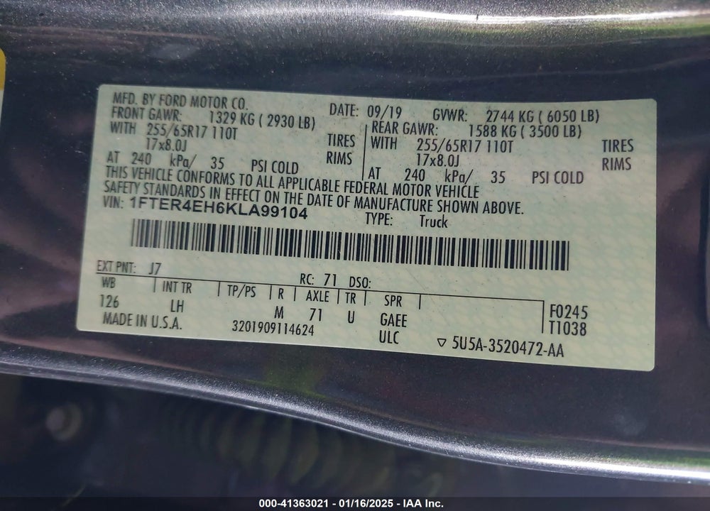 2019 FORD RANGER VIN: 1FTER4EH6KLA99104