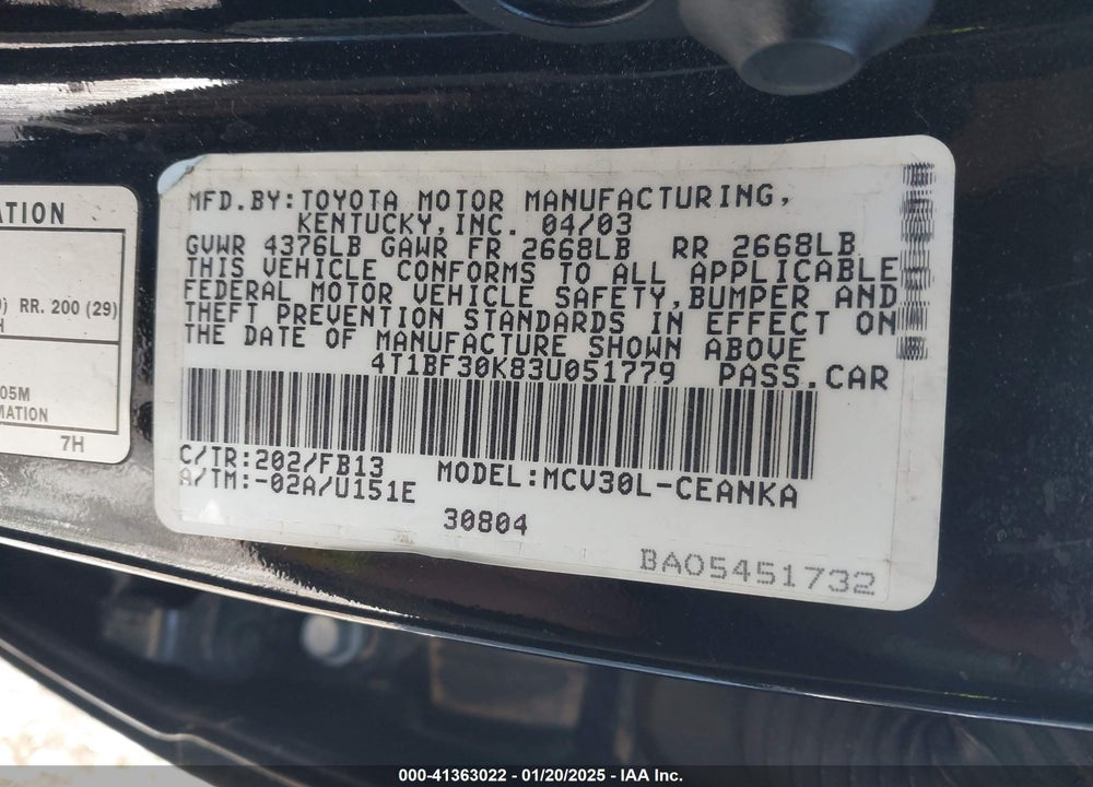 2003 TOYOTA CAMRY LE V6 VIN: 4T1BF30K83U051779