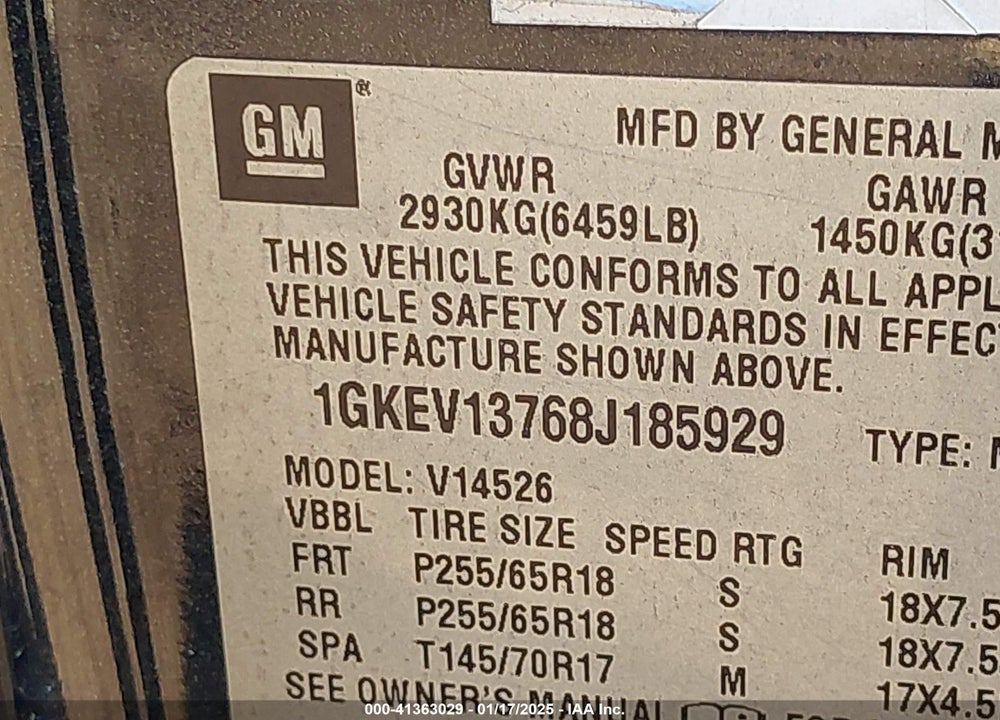 2008 GMC ACADIA SLE-1 VIN: 1GKEV13768J185929