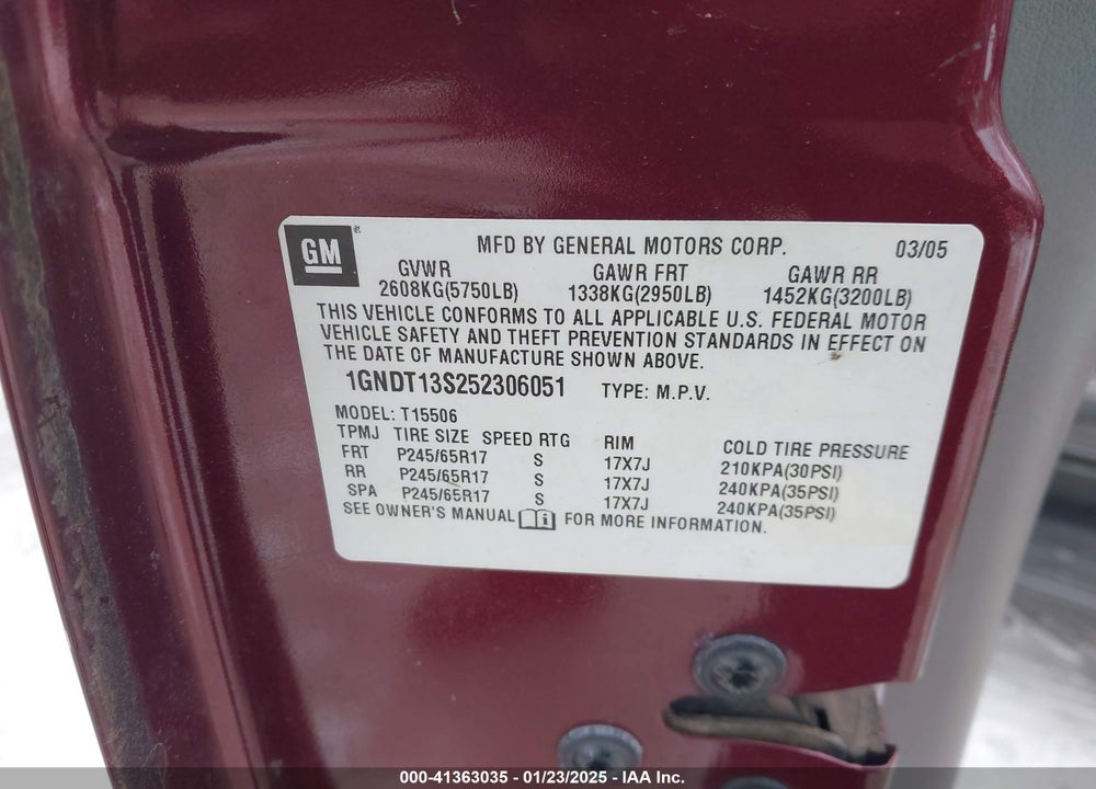 2005 CHEVROLET TRAILBLAZER LT VIN: 1GNDT13S252306051