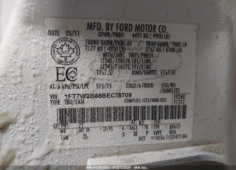 2011 FORD F-250 VIN: 1FT7W2B68BEC78709