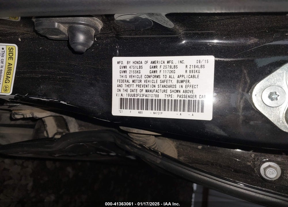2015 ACURA TLX VIN: 19UUB3F53FA010798