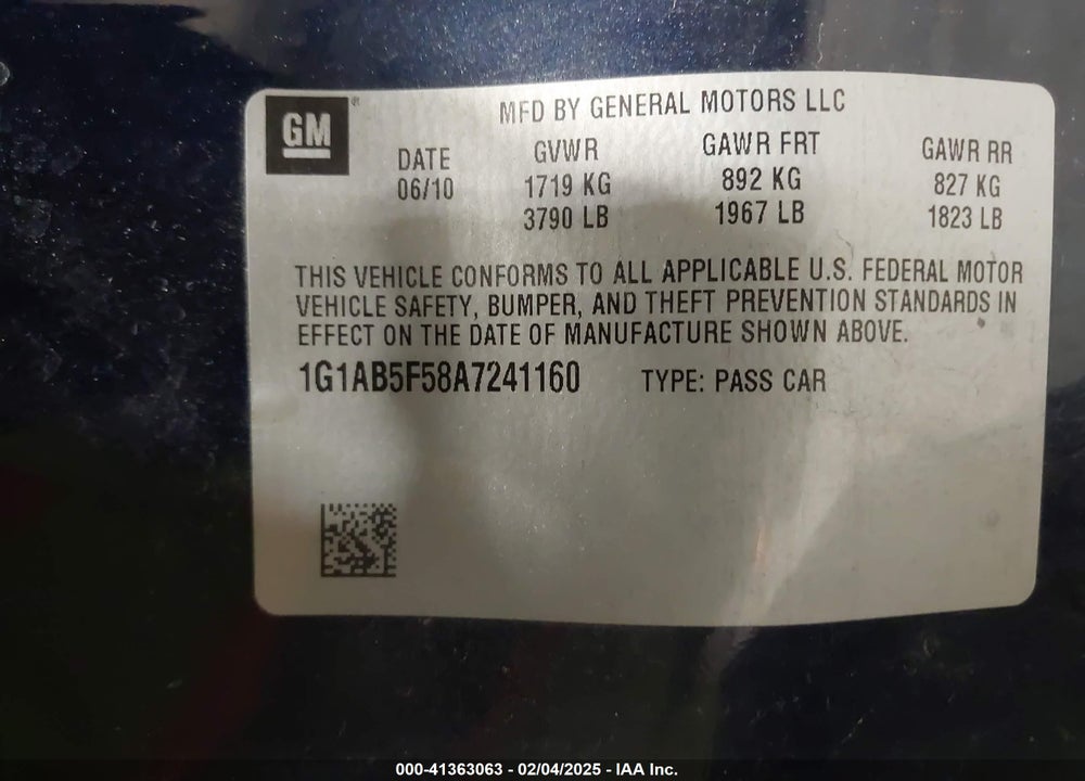 2010 CHEVROLET COBALT VIN: 1G1AB5F58A7241160