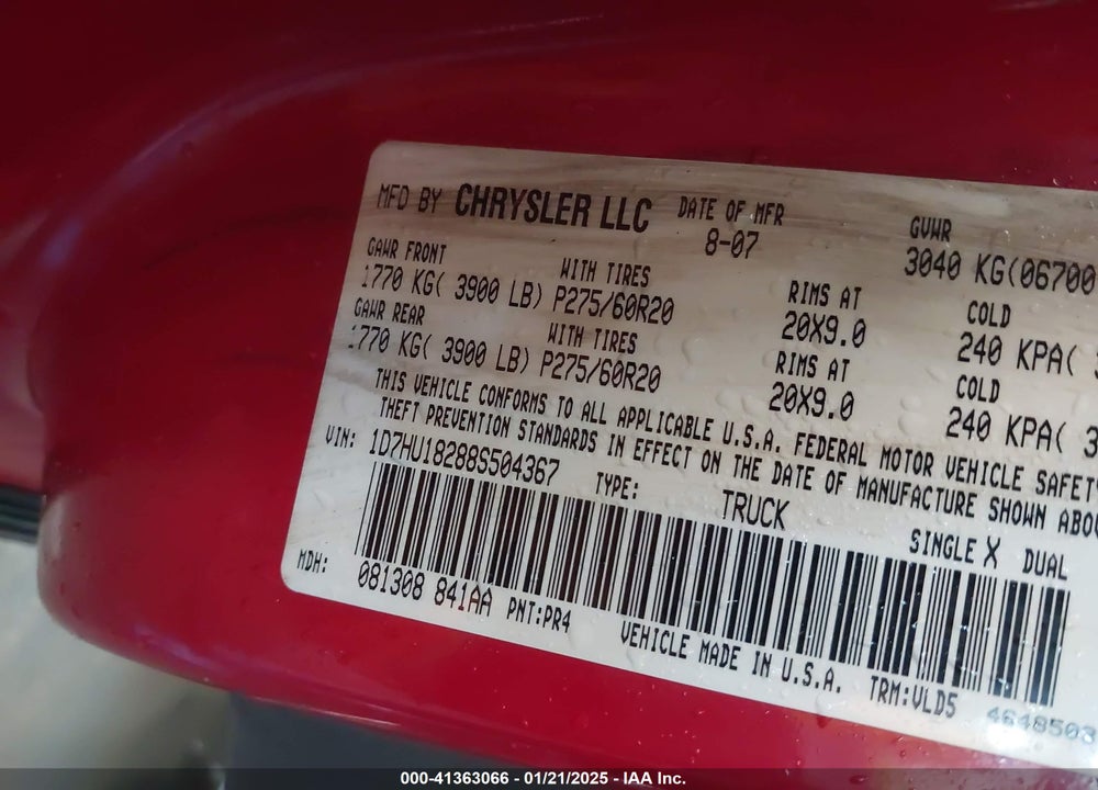 2008 DODGE RAM 1500 LARAMIE VIN: 1D7HU18288S504367
