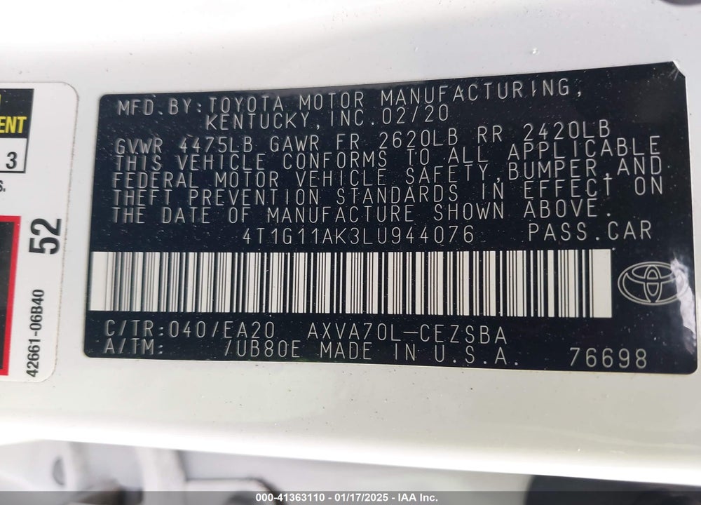 2020 TOYOTA CAMRY VIN: 4T1G11AK3LU944076