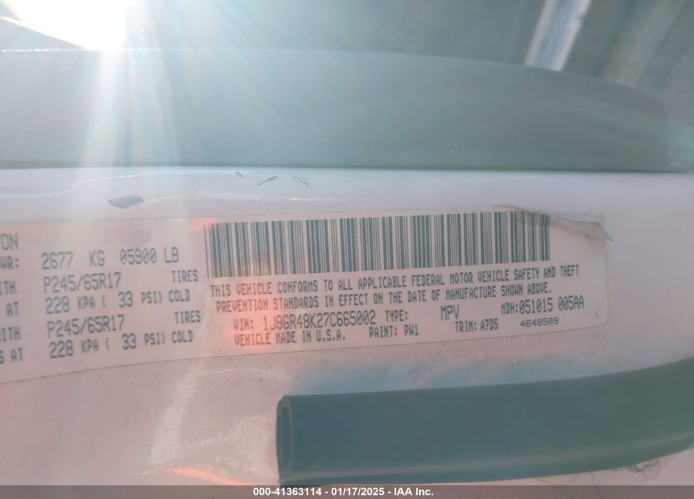 2007 JEEP GRAND CHEROKEE LAREDO VIN: 1J8GR48K27C665002