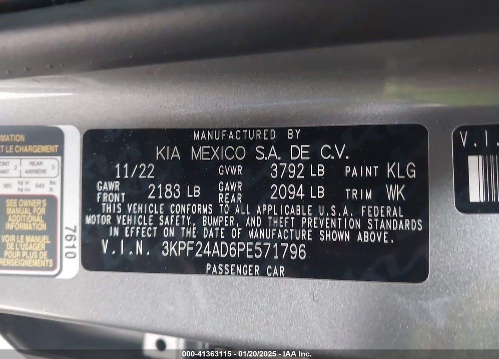 2023 KIA FORTE LXS VIN: 3KPF24AD6PE571796