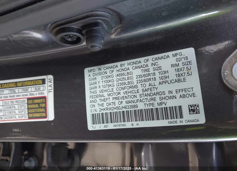2018 HONDA CR-V EX VIN: 2HKRW2H50JH633989