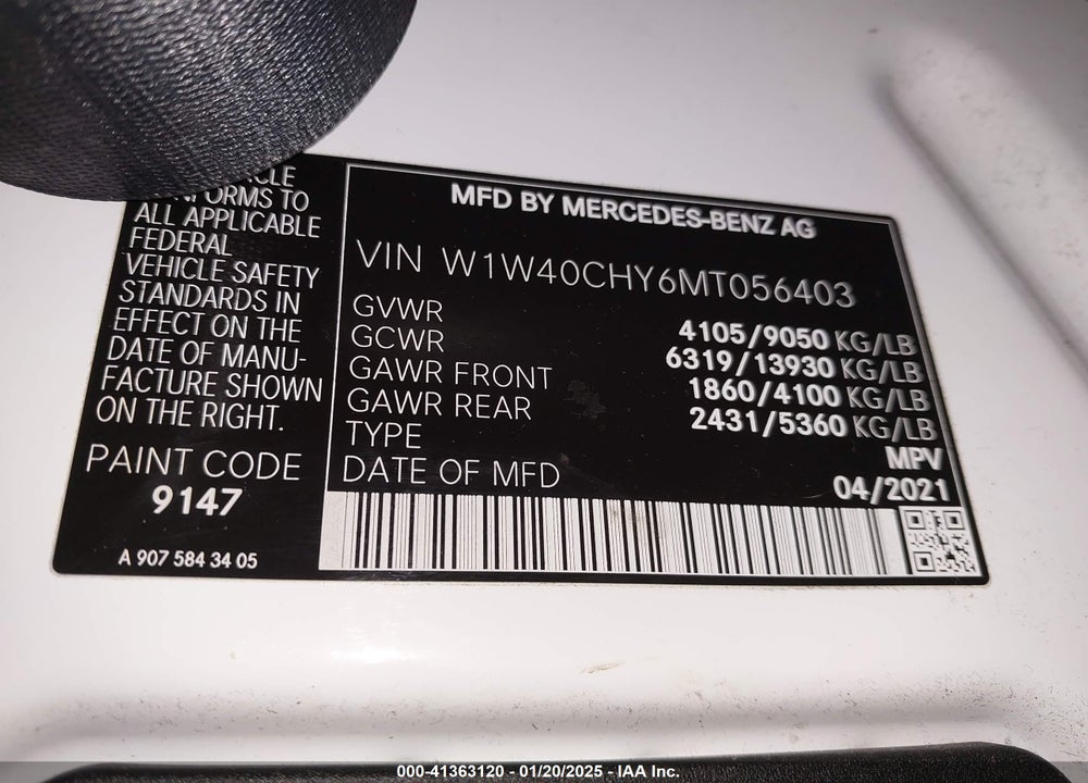2021 MERCEDES-BENZ SPRINTER 2500 HIGH ROOF I4 VIN: W1W40CHY6MT056403
