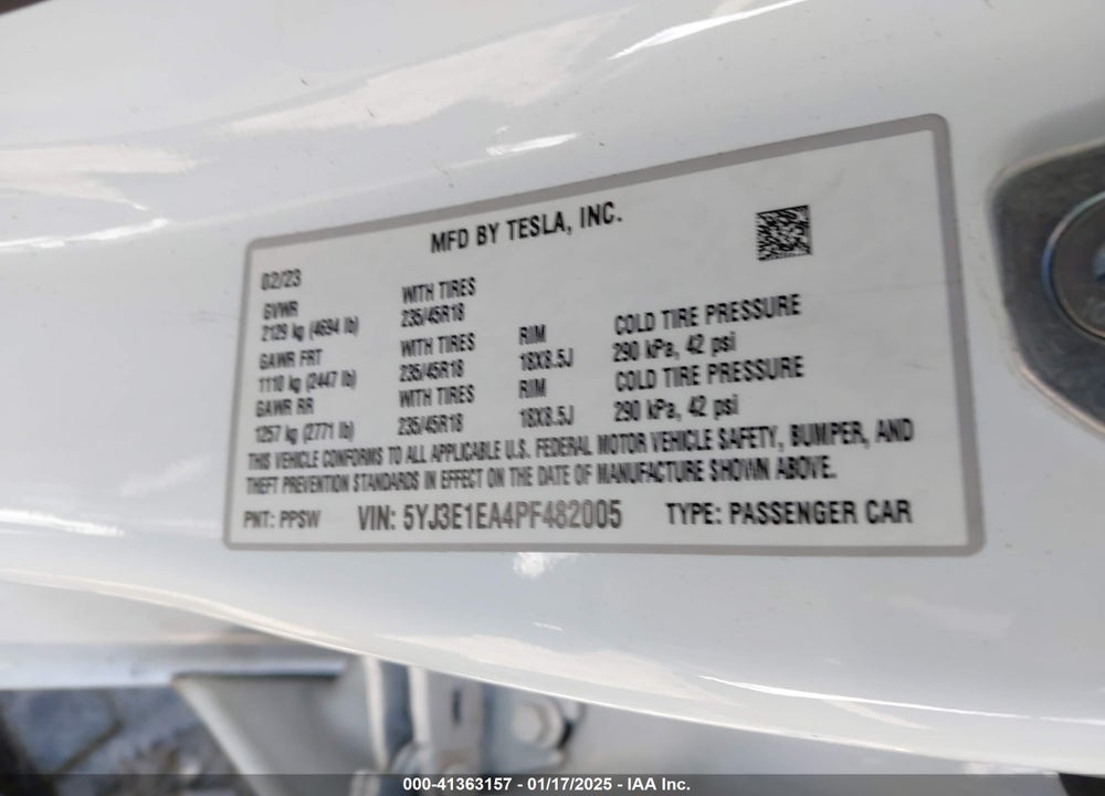 2023 TESLA MODEL 3 REAR-WHEEL DRIVE VIN: 5YJ3E1EA4PF482005