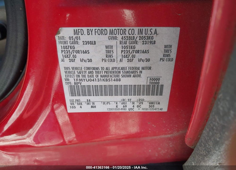 2001 FORD ESCAPE XLT VIN: 1FMYU04131KB51488