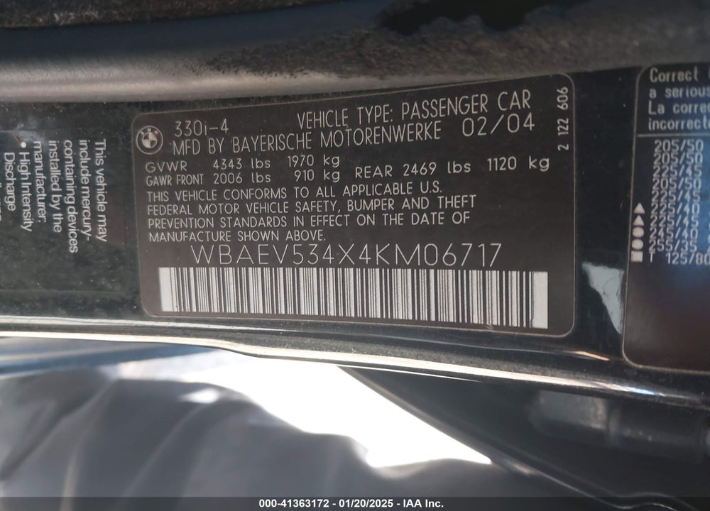2004 BMW 330I VIN: WBAEV534X4KM06717