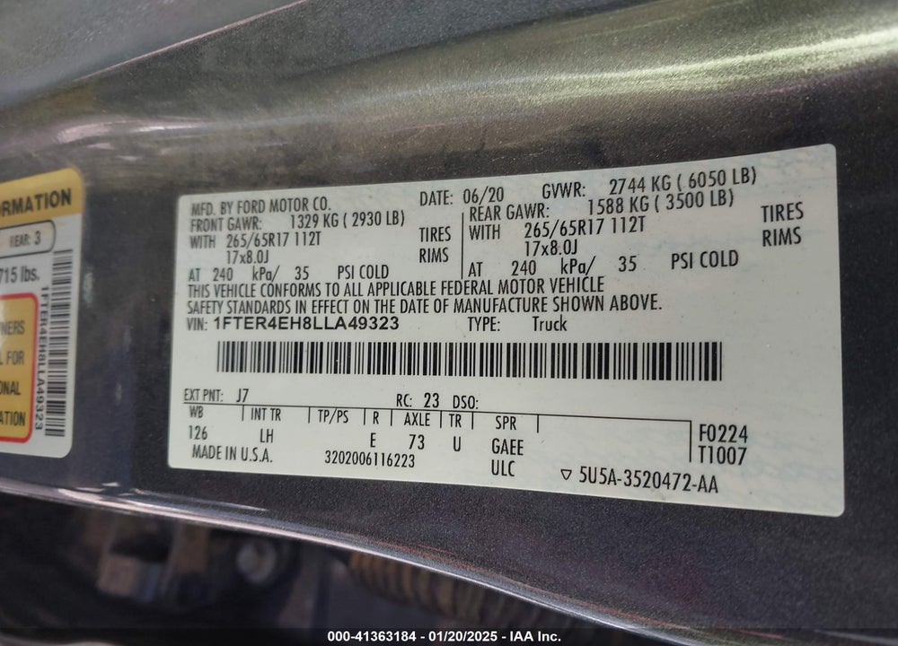 2020 FORD RANGER VIN: 1FTER4EH8LLA49323