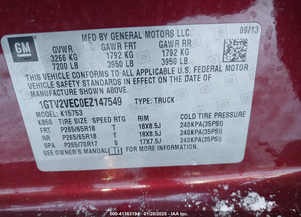 2014 GMC SIERRA 1500 SLT VIN: 1GTV2VEC0EZ147549