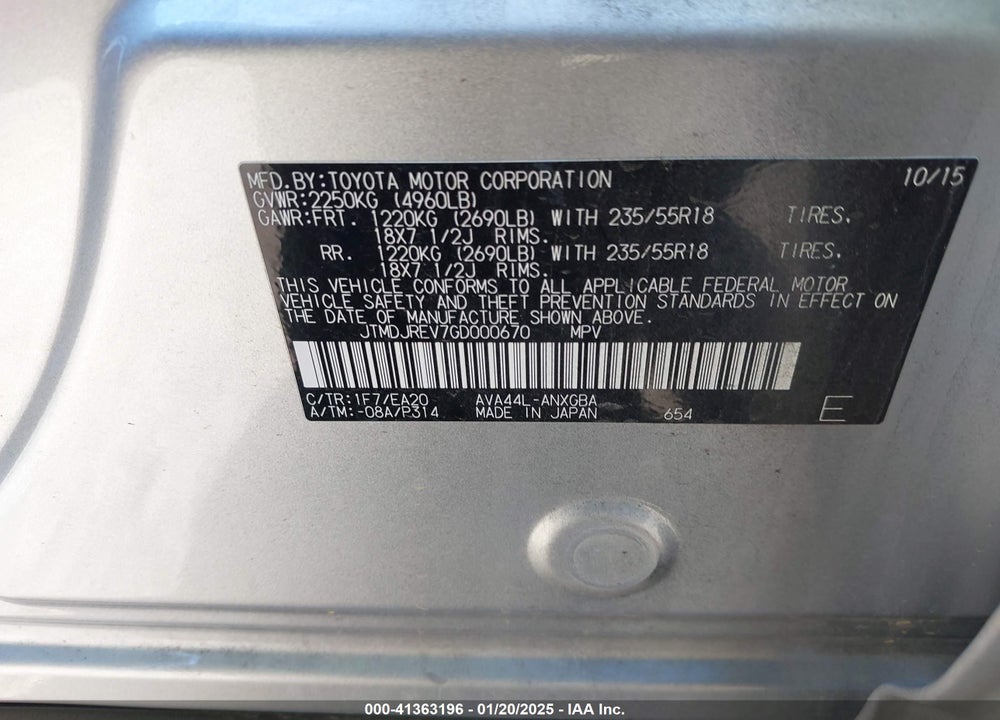 2016 TOYOTA RAV4 HYBRID VIN: JTMDJREV7GD000670