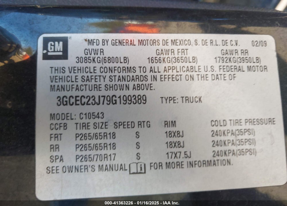 2009 CHEVROLET SILVERADO 1500 LT VIN: 3GCEC23J79G199389