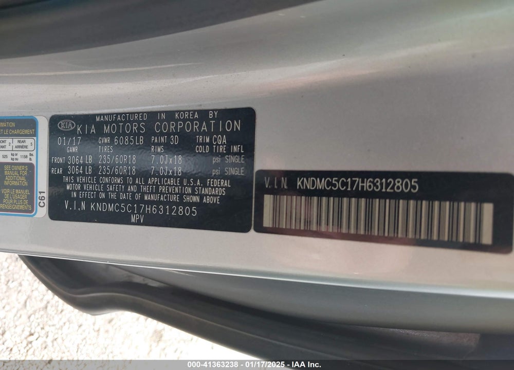 2017 KIA SEDONA VIN: KNDMC5C17H6312805