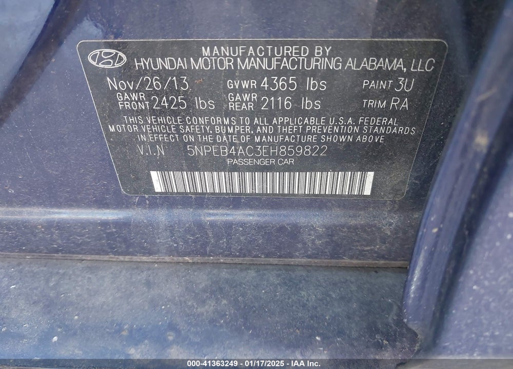 2014 HYUNDAI SONATA VIN: 5NPEB4AC3EH859822