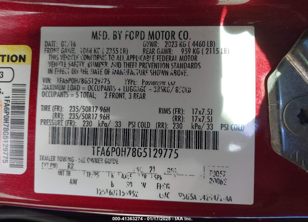 2016 FORD FUSION VIN: 1FA6P0H78G5129775