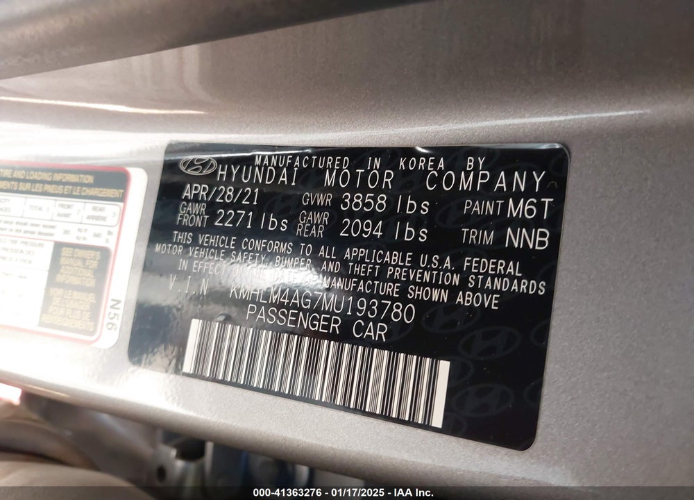 2021 HYUNDAI ELANTRA VIN: KMHLM4AG7MU193780