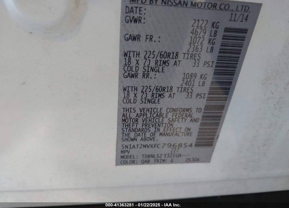 2015 NISSAN ROGUE SL VIN: 5N1AT2MVXFC796854