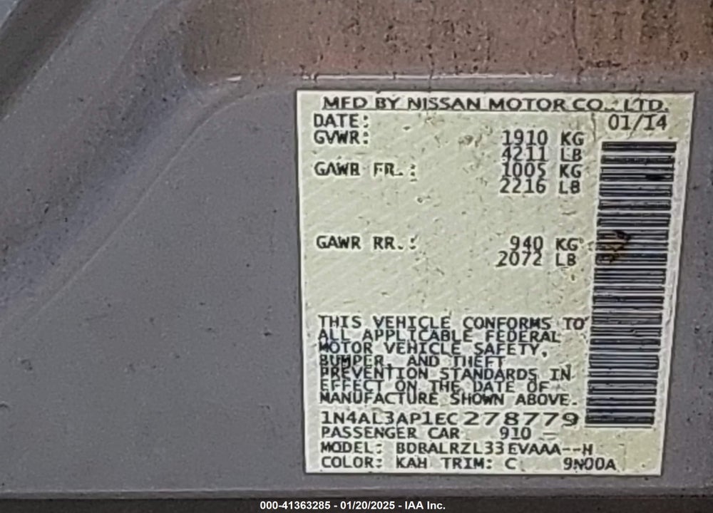 2014 NISSAN ALTIMA VIN: 1N4AL3AP1EC278779