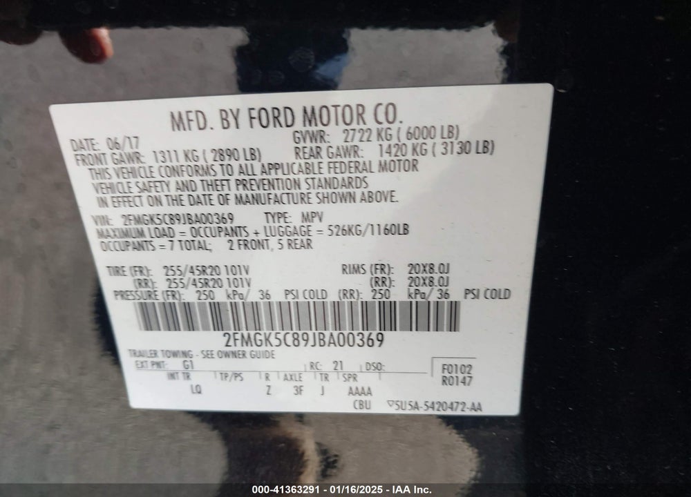2018 FORD FLEX SEL VIN: 2FMGK5C89JBA00369