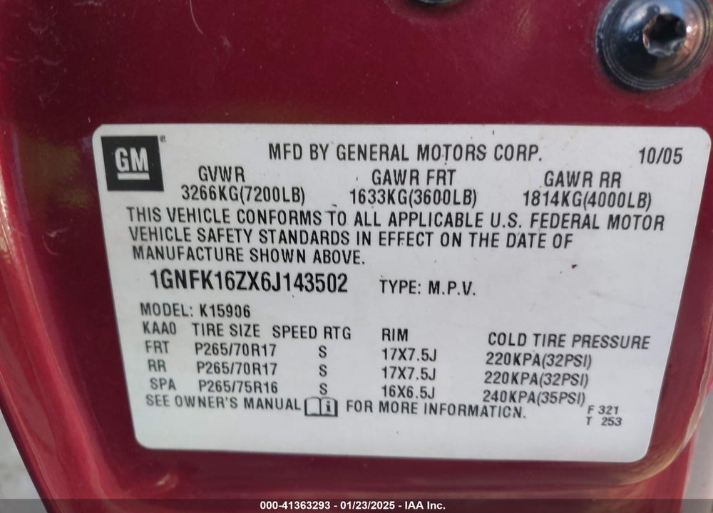 2006 CHEVROLET SUBURBAN 1500 LT VIN: 1GNFK16ZX6J143502