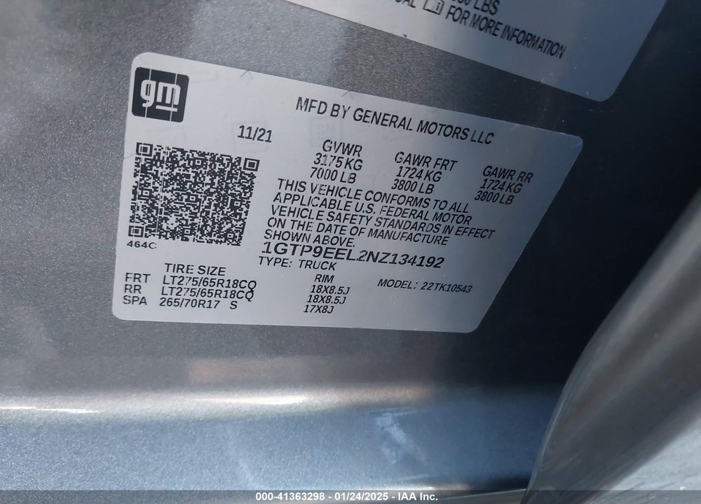 2022 GMC SIERRA 1500 LIMITED VIN: 1GTP9EEL2NZ134192