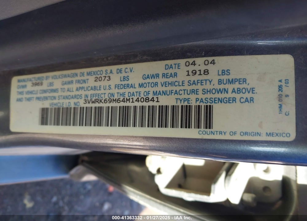 2004 VOLKSWAGEN JETTA GL VIN: 3VWRK69M64M140841