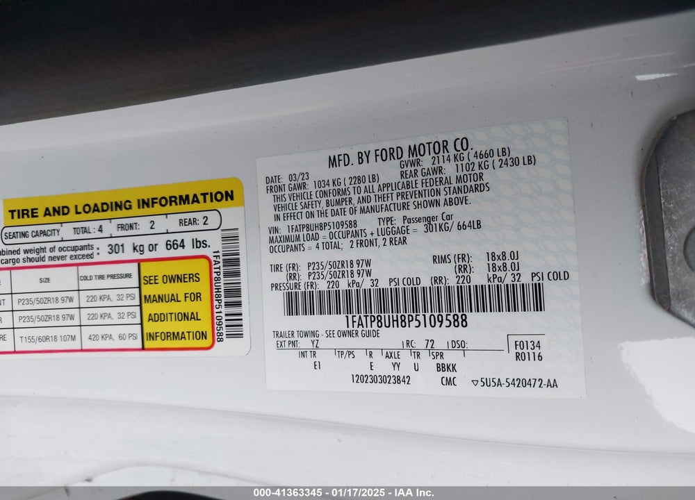 2023 FORD MUSTANG ECOBOOST PREMIUM VIN: 1FATP8UH8P5109588