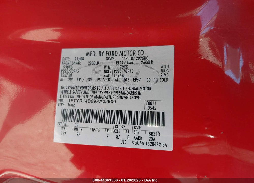 2009 FORD RANGER XL/XLT VIN: 1FTYR14D69PA23900
