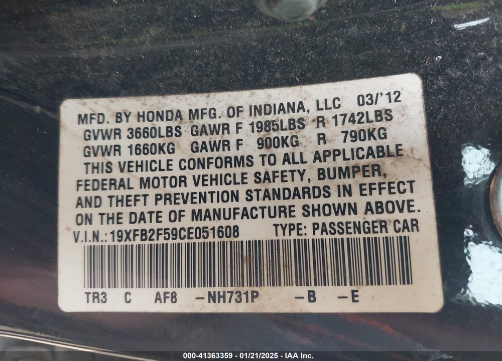 2012 HONDA CIVIC SDN VIN: 19XFB2F59CE051608