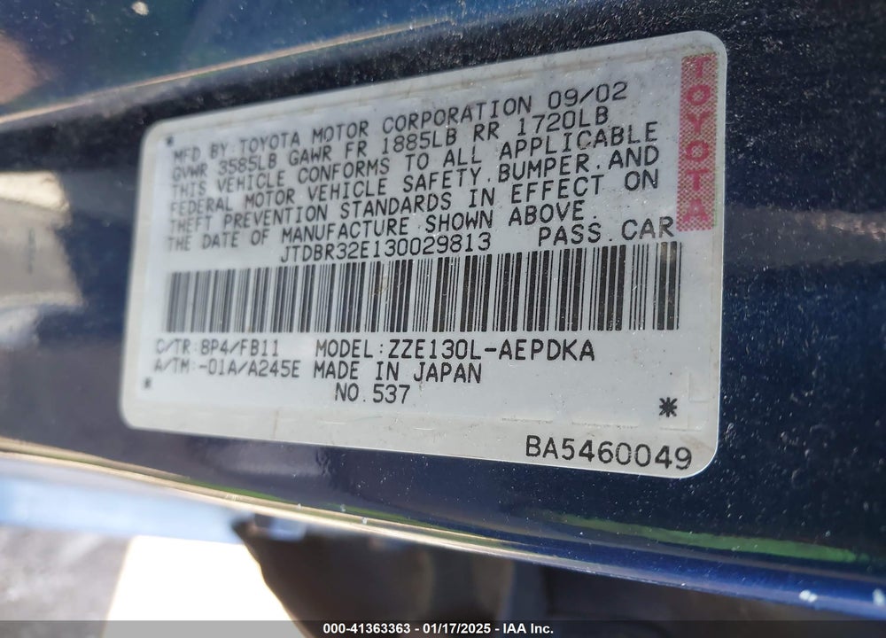2003 TOYOTA COROLLA CE VIN: JTDBR32E130029813