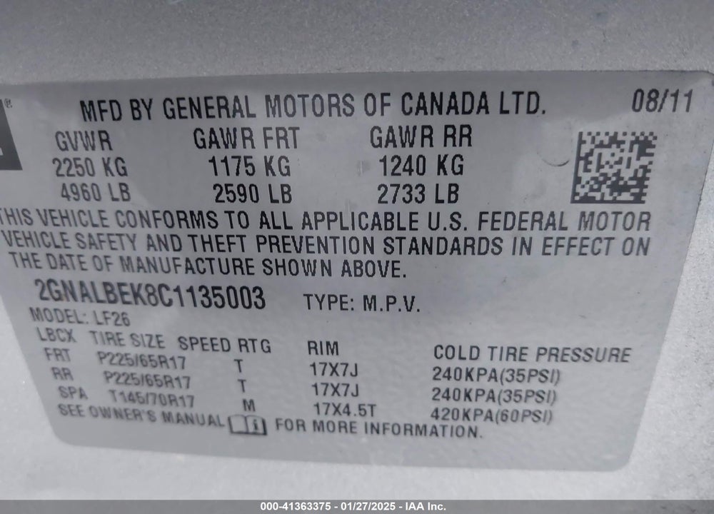 2012 CHEVROLET EQUINOX LS VIN: 2GNALBEK8C1135003