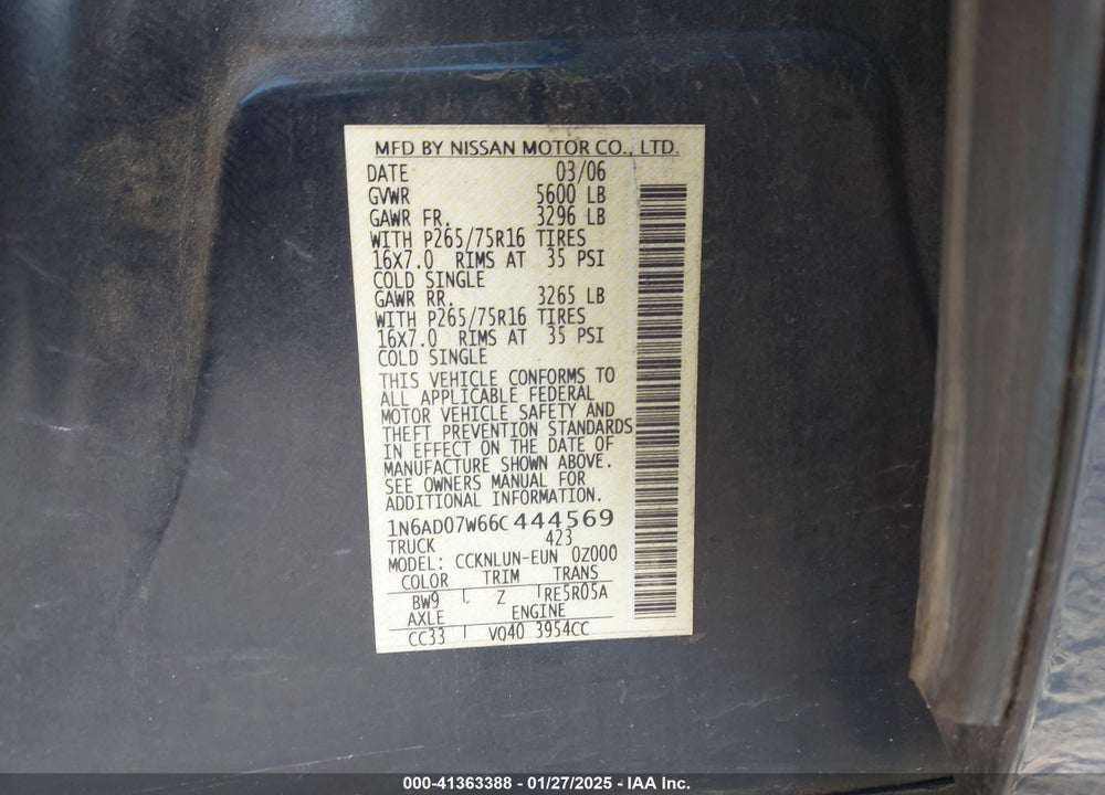 2006 NISSAN FRONTIER VIN: 1N6AD07W66C444569