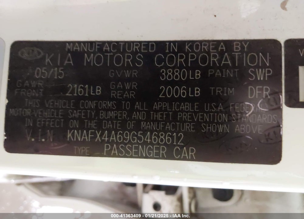 2016 KIA FORTE LX VIN: KNAFX4A69G5468612