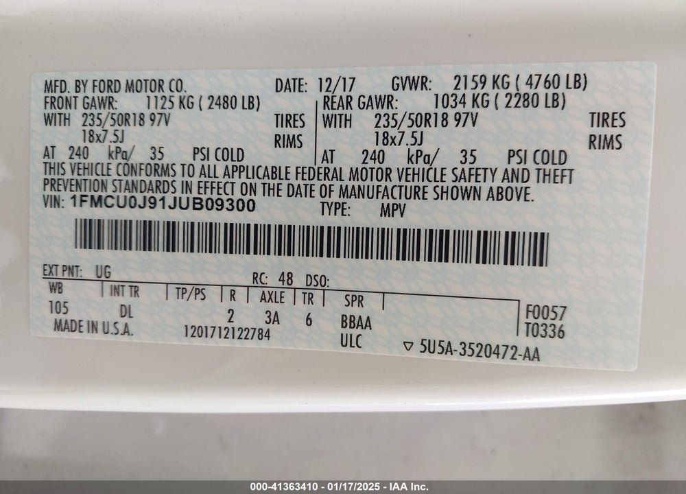 2018 FORD ESCAPE TITANIUM VIN: 1FMCU0J91JUB09300