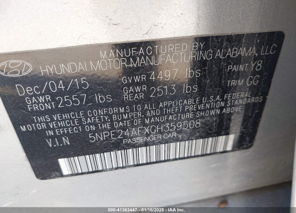 2016 HYUNDAI SONATA VIN: 5NPE24AFXGH359508