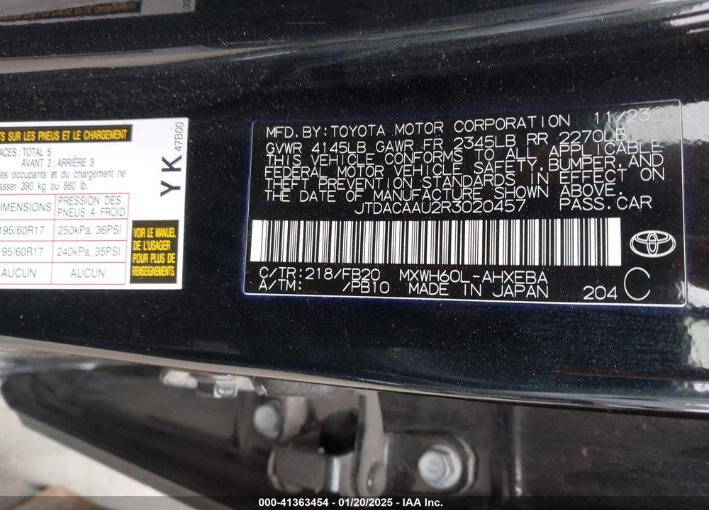 2024 TOYOTA PRIUS VIN: JTDACAAU2R3020457