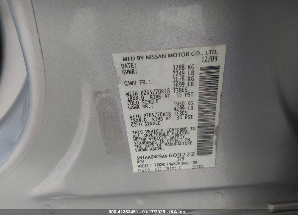 2010 NISSAN ARMADA SE VIN: 5N1AA0NC9AN609222
