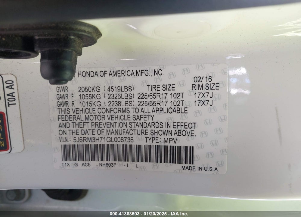2016 HONDA CR-V VIN: 5J6RM3H71GL008738
