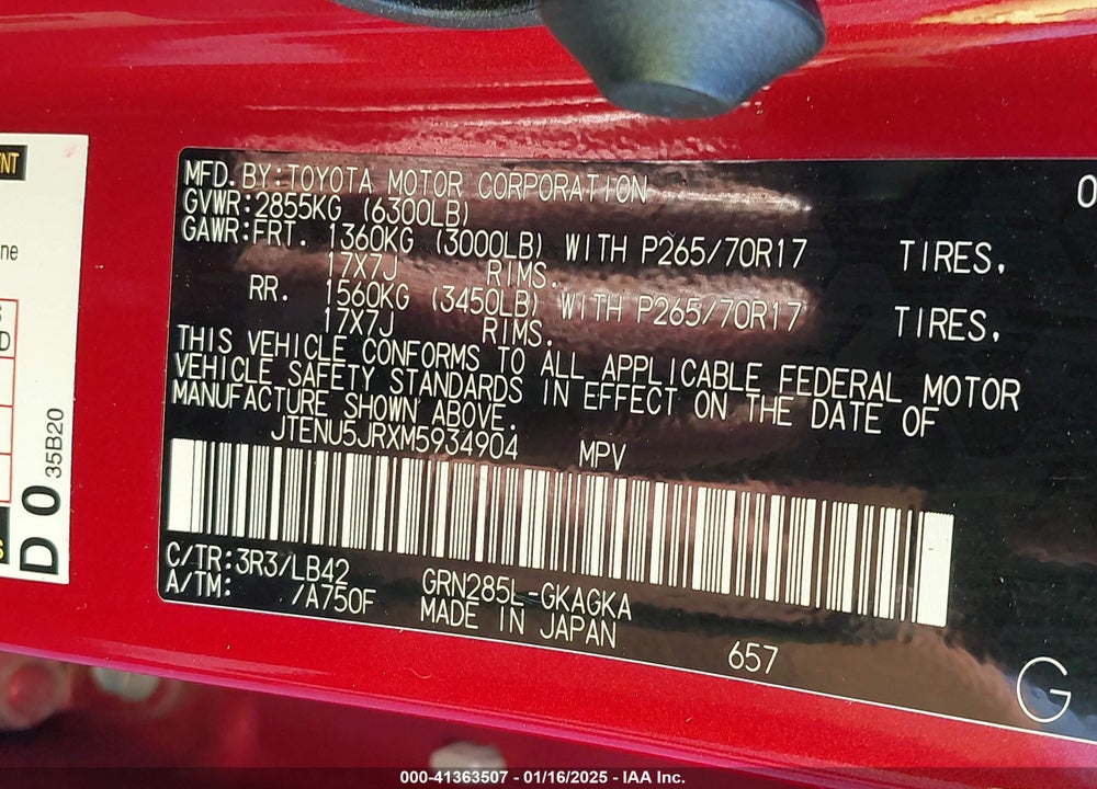 2021 TOYOTA 4RUNNER VIN: JTENU5JRXM5934904