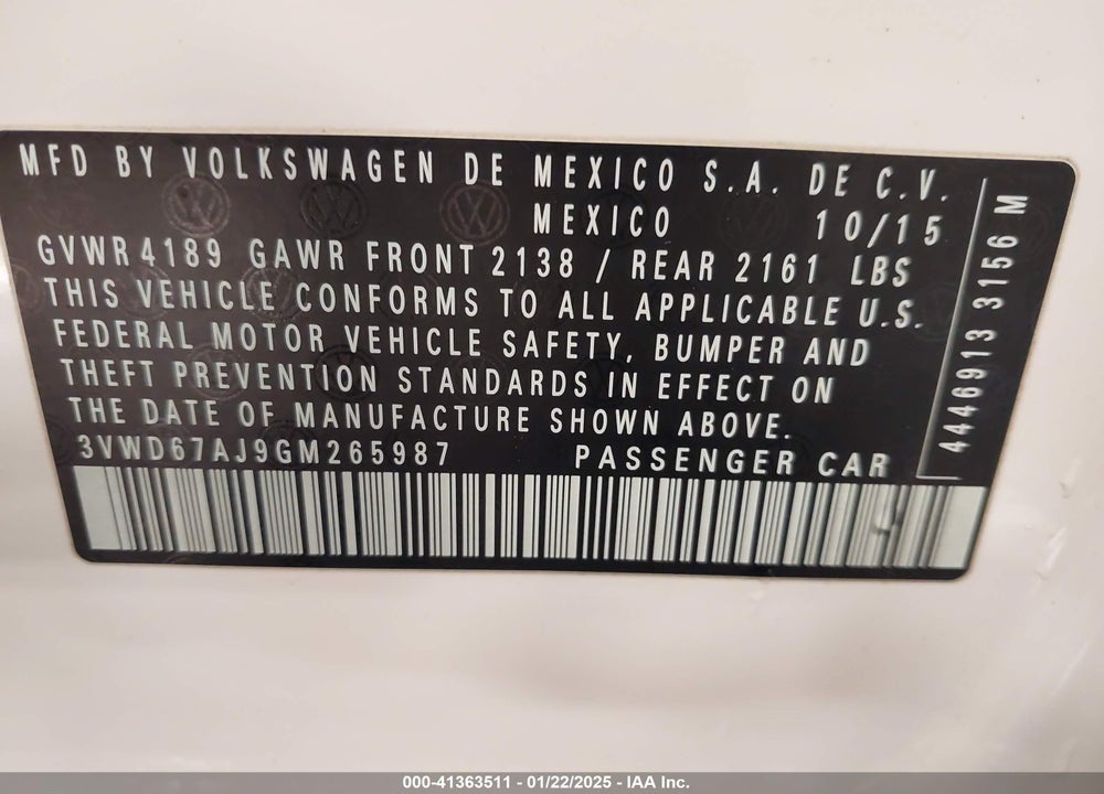 2016 VOLKSWAGEN JETTA VIN: 3VWD67AJ9GM265987
