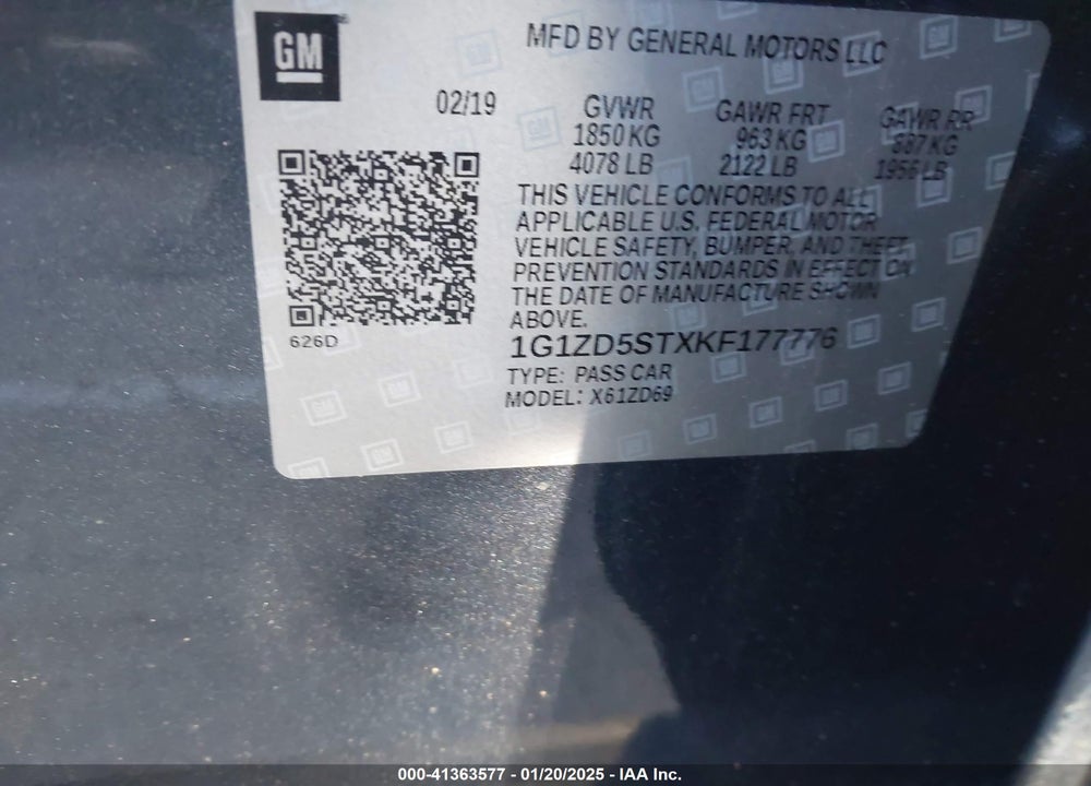 2019 CHEVROLET MALIBU LT VIN: 1G1ZD5STXKF177776