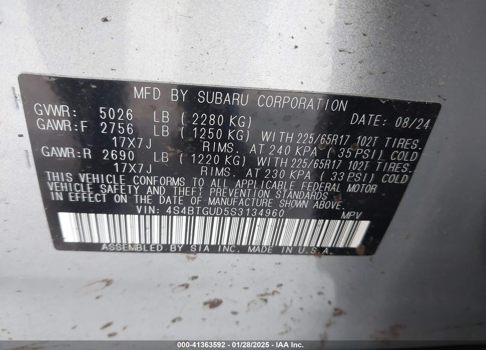 2025 SUBARU OUTBACK WILDERNESS VIN: 4S4BTGUD5S3134960